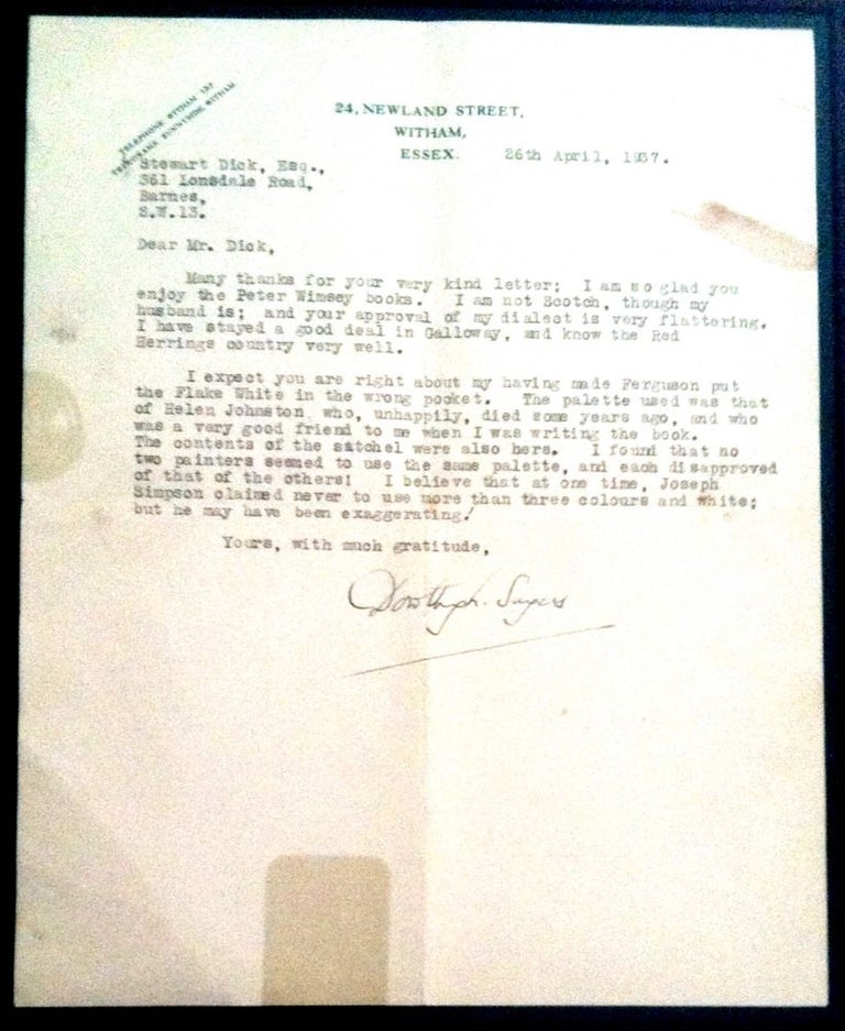 Item #154 Typed Letter Signed about LORD PETER WIMSEY, Detective. Dorothy Sayers.