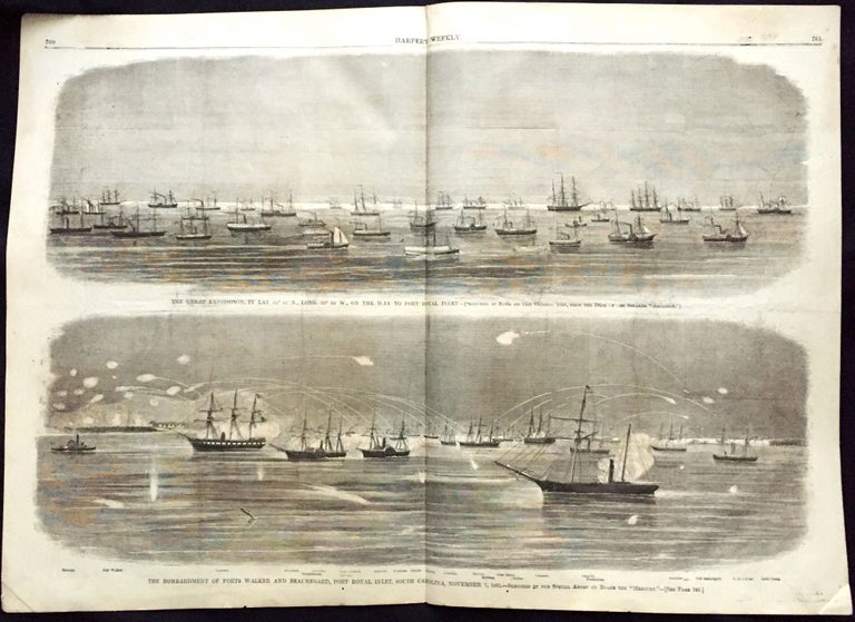 Item #1940 "The Bombardment of Forts Walker & Beauregard, Port Royal Inlet" Harper's Weekly: Civil War.
