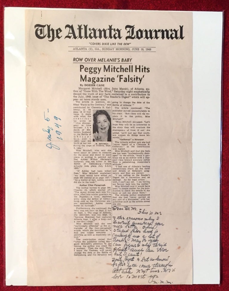 Item #2060 Autographed Letter Signed about an alleged Error in Gone With The Wind; about a supposed Chronological Error with Scandalous Effects. Margaret Mitchell.
