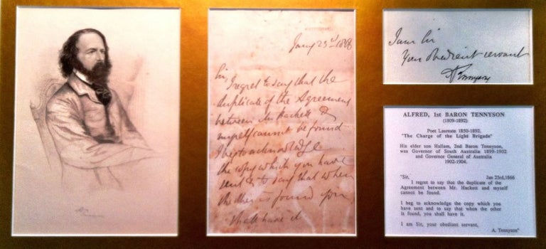 Item #267 Autograph Letter Signed, January 23, 1866; to Mr. Hachett about a missing agreement. Alfred Lord Tennyson.