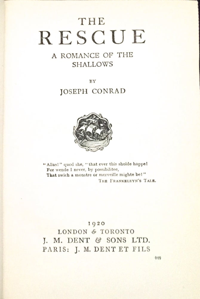 Item #570 RESCUE; A Romance of the Shallows. Joseph Conrad.