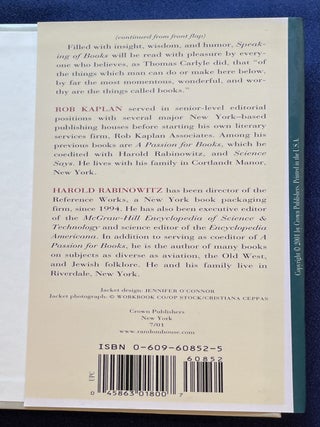 SPEAKING OF BOOKS; Edited by Rob Kaplan and Harold Rabinowitz