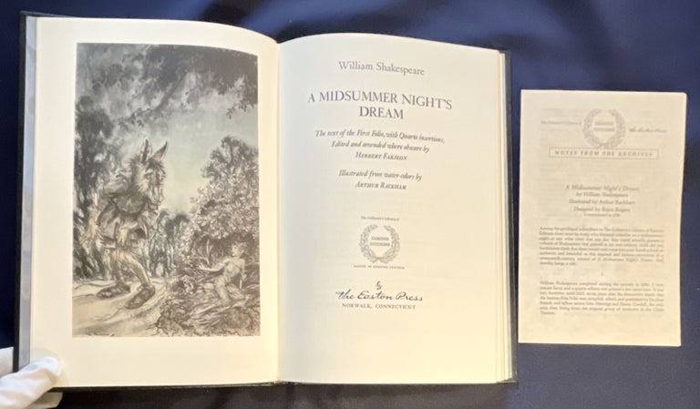 Item #8763 A MIDSUMMER NIGHT'S DREAM; The Text of the First Folio, with Quarto Insertions, Edited and amended where obscure by Herbert Farjeon / Illustrated from Water-colors by Arthur Rackham / The Collector's Library of Famous Editions / Bound in Genuine Leather. William Shakespeare.